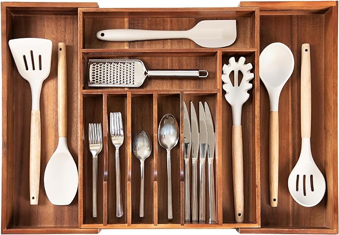 Silverware & Utensil Drawer Organizer, 14.5-25 in, Acacia | Cutlery, flatware, food-safe contract grade, kitchen drawer fit by KitchenEdge