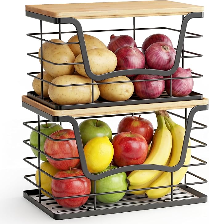 ALOCEO 2 Pack Stackable Wire Storage Basket with Bamboo Lid, Stainless Steel Extra Large Trash Bag Dispenser Roll Holder for Kitchen Sink, Laundry, Pantry Organizer and Storage, Black by ALOCEOWallHooksAdhesive