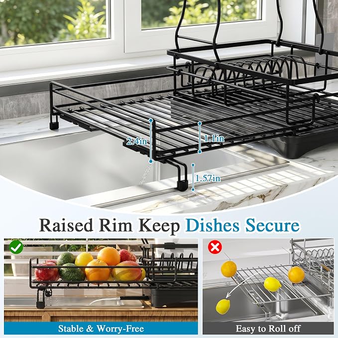 2 Tier Dish Drying Rack, Large Extendable Dish Racks for Kitchen Counter , Dishrack with Drainboard, 2-in-1 Anti-Rust Stainless Steel Dish Drainer with Utensil Holder (Black, double of Dish Rack) - Image 6