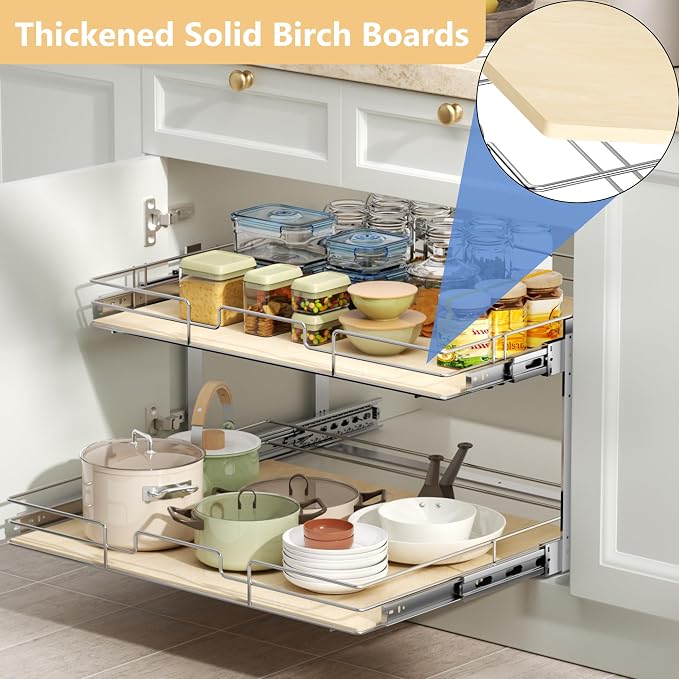 ROOMTEC 2 Tier Individual Pull Out Cabinet Organizer 19½"W x 21½"D, Slide Out Wood Shelves Organizers, Pull Out Drawers Organization and Storage for Kitchen Cabinet - Image 2