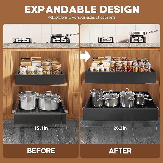 Seinloes 4 Pack Expandable (15.1"-26.3") Pull Out Cabinet Organizer 21" Deep With Raising Pad for Framed Cabinets,Upgrade 3 Slide Rails Slide Out Drawers,No Drill Roll Out Shelves Adhesive,Black - Image 4