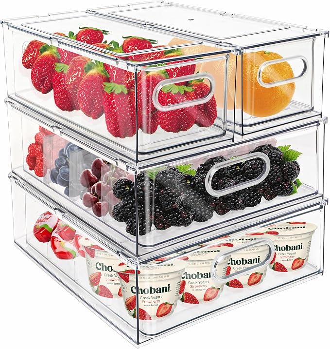Mano Fridge Drawer Pull Out Stackable Bins with Handle Clear Refrigerator Drawers Organizer Food Storage Container Box with Dividers Plastic Produce Saver for Pantry, Cabinet, Kitchen, Clothes（4Pack） by MANO