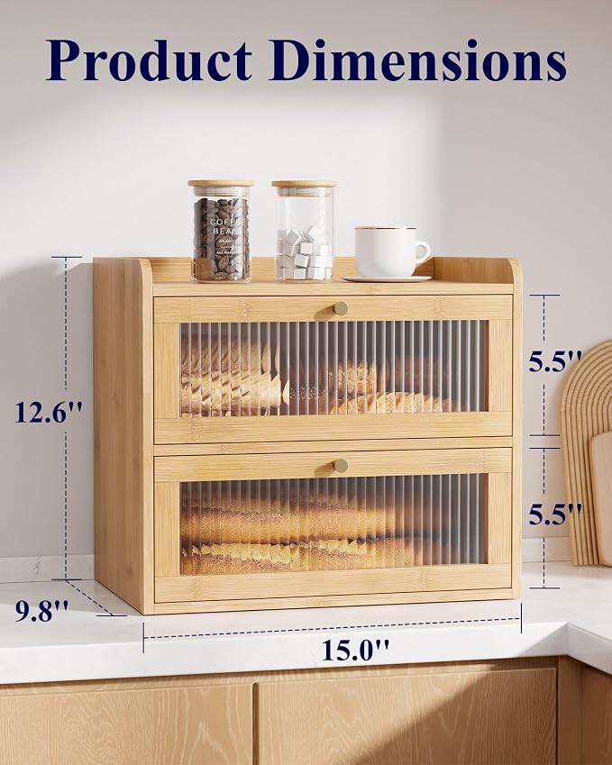 Kitsure Wooden Bread Box for Kitchen Countertop, Large Capacity, Natural | 2-Tier Bamboo Bread Container, Bread Storage Container with Magnetic Acrylic Door, Pantry Organizers and Storage for Loaves - Image 2