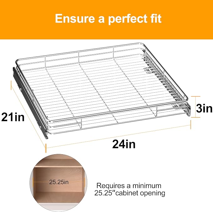 Pull Out Cabinet Organizer 24" W x 21" D, Chrome-Plated Steel | Slide Out Kitchen Shelves, Heavy-Gauge Wire Storage Drawer, Ball-Bearing Glides, 100 Lb Capacity, Min 25" Cabinet Opening - Image 4