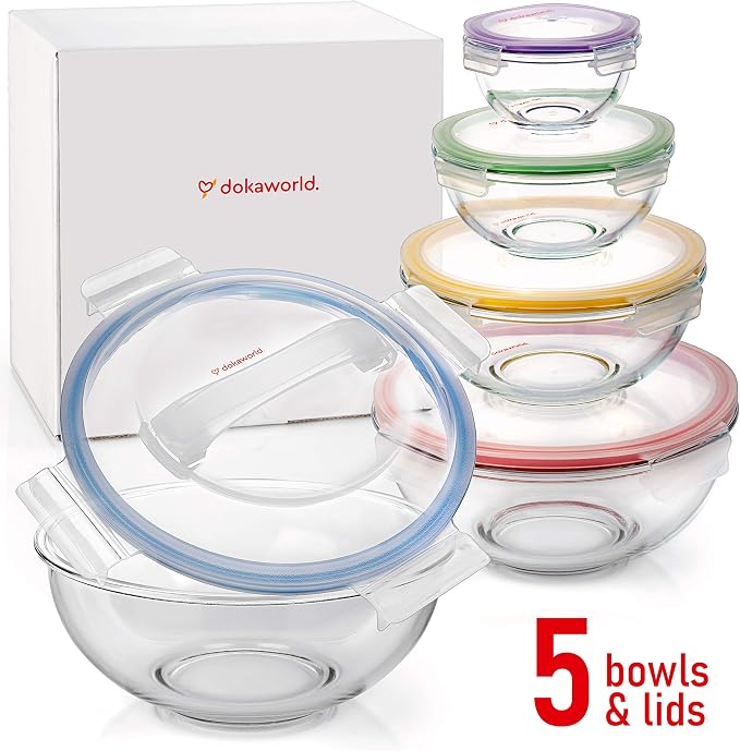 Set of 5 Stackable Space-Saving Nesting Glass Bowls with BPA Free Lids for Foodprep, Storage, Baking, Mixing & Cooking, Microwave Safe - Durable Inert Borosilicate Glass - Image 8