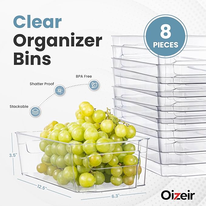 Oizeir 8 Pack Clear Plastic Storage Bins with Handles – Stackable Fridge Organizer Bins for Refrigerator, Freezer, Pantry, Kitchen Cabinet & Cupboard Organization, BPA-Free Acrylic, Transparent - Image 2