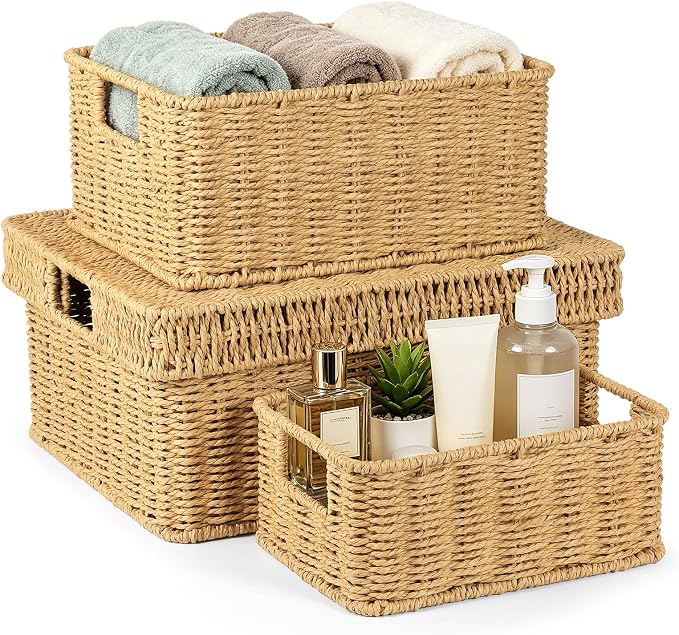 Wicker Storage Basket with Lid for Shelves, 3-Basket Set, Natural | One rectangular wicker basket with lid and two open baskets for decorative shelf storage; removable lid flips into a tray. by GANLUX