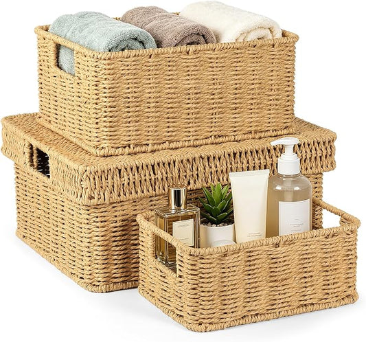 Wicker Storage Basket with Lid for Shelves, 3-Basket Set, Natural | One rectangular wicker basket with lid and two open baskets for decorative shelf storage; removable lid flips into a tray. by GANLUX