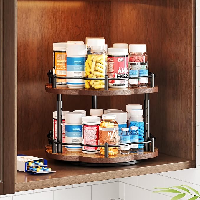 Spice Rack Lazy Susan Organizer for Cabinet, Rotating Spice Organization 2 Tier Adjustable Lazy Susan Turntable Spice Cabinet Organizer for Kitchen Countertop & Pantry, Wood 10 Inch Seasoning Storage - Image 8