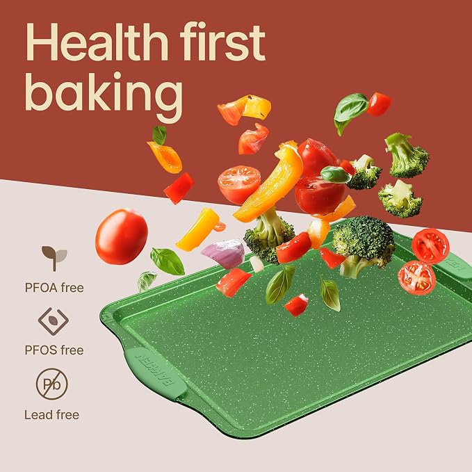 BAKKEN Kitchen Baking Pan Set - Nonstick Green Marble Coating, Carbon Steel Bakeware Sets with Green Silicone Handles, Kitchen Essentials, PFOA, PFOS, PTFE Free, Oven Safe (Up To 450° F), Set of 10 - Image 7