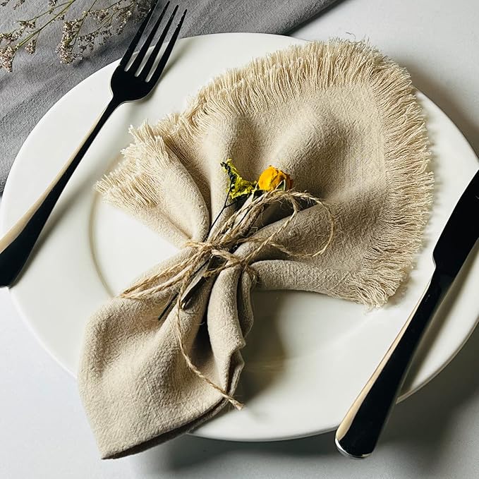 Handmade Cloth Napkins with Fringe,18 x 18 Inches Cotton Linen Napkins Set of 12 Versatile Handmade Square Rustic Fringe Napkins for Dinner, Wedding and Parties, Beige by Dololoo