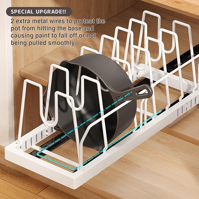Magheo 2 Pack Pots and Pans Organizer Under Cabinet, 22" Deep Expandable Pull Out Pot Lid Organizer and Storage with 10 Adjustable Dividers No Drill Pot and Pan Holder Rack with Handle Bracket(White) - Image 8