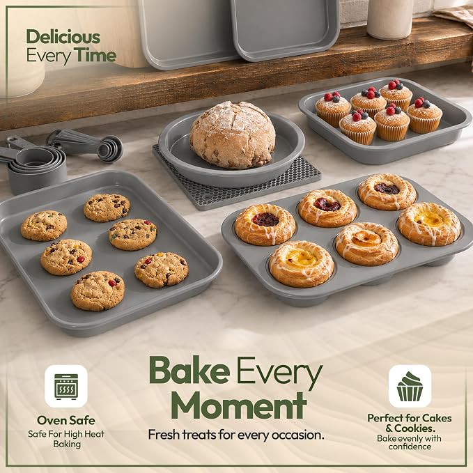 Non-Toxic 11-Piece All-in-One Nesting Bakeware Set - Space-Saving Stackable Nonstick Carbon Steel Baking Pans Set, PFOA-Free, Cookie Sheet, Roasting Pan, Square, 2 Muffin & 2 Cake Pans - Image 7