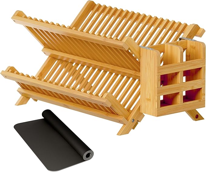 Greenual Bamboo Dish Drying Rack with Utensil Holder, 2 Tier Collapsible Dish Rack, Wooden Dish Racks for Kitchen Counter, Folding Drying Holder with Absorbent Dish Drying Mat by Greenual