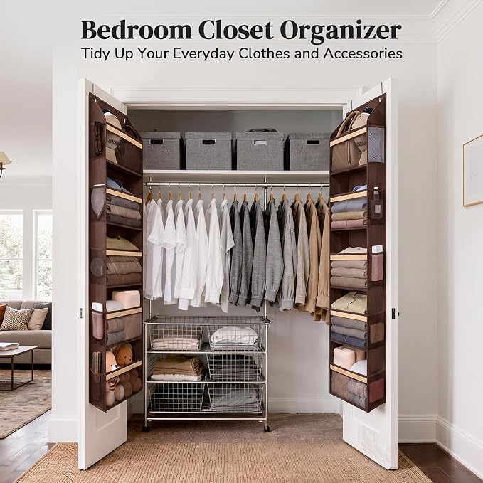 5 Tiers Natural Bamboo Over Door Organizer with 10 Mesh Side Pockets, 50 lbs Weight Capacity Hanging Storage Organizer with Clear Window Kids Toys, Shoes, Diapers, Dark Brown - Image 7