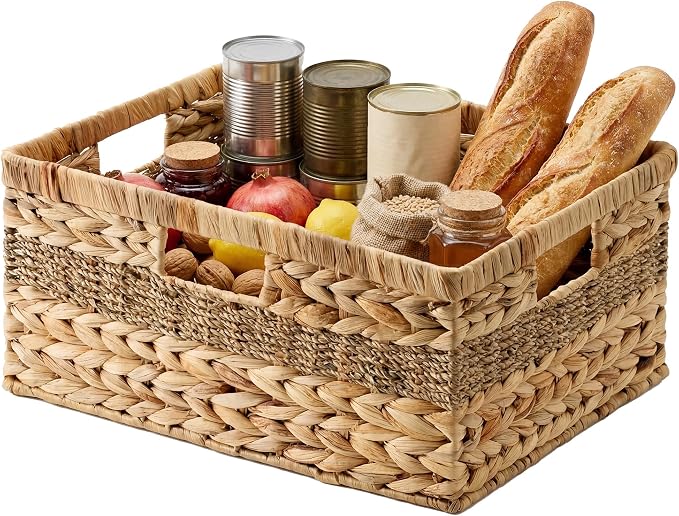 StorageWorks Jumbo Rectangular Wicker Basket, Water Hyacinth and Seagrass Storage Basket with Built-in Handles, 1 Pack | Woven Storage Baskets Water Hyacinth Seagrass, Large Seagrass Basket, Wicker Storage Baskets for Shelves, Woven Baskets by StorageWorks
