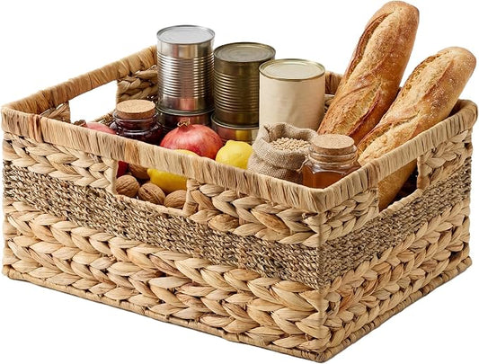 StorageWorks Jumbo Rectangular Wicker Basket, Water Hyacinth and Seagrass Storage Basket with Built-in Handles, 1 Pack | Woven Storage Baskets Water Hyacinth Seagrass, Large Seagrass Basket, Wicker Storage Baskets for Shelves, Woven Baskets by StorageWorks