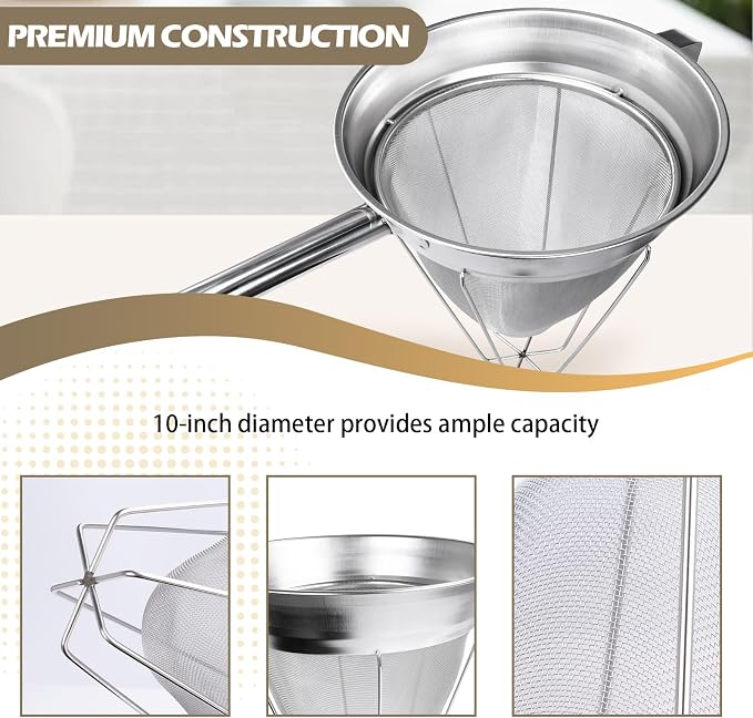 10" Chinois Strainer,18/8 Stainless Steel Conical Fine Mesh Bouillon Sieve | Heavy Duty China Cap Strainers with Stand for Sauces Soups Broth Purees Jam - Image 3