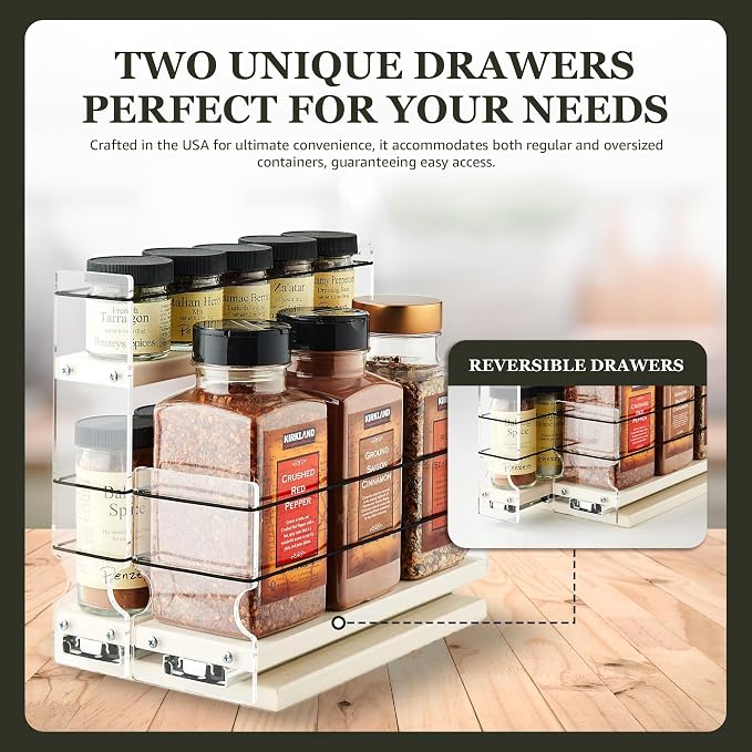 Combo Spice Rack Drawer - Pull Out Pantry Organizers and Storage - Kitchen Cabinet Organizer - Seasoning Sliding Caddy - Made in USA (5.75" W x 9.25" H x 10.60" D, Assembled) - Image 3