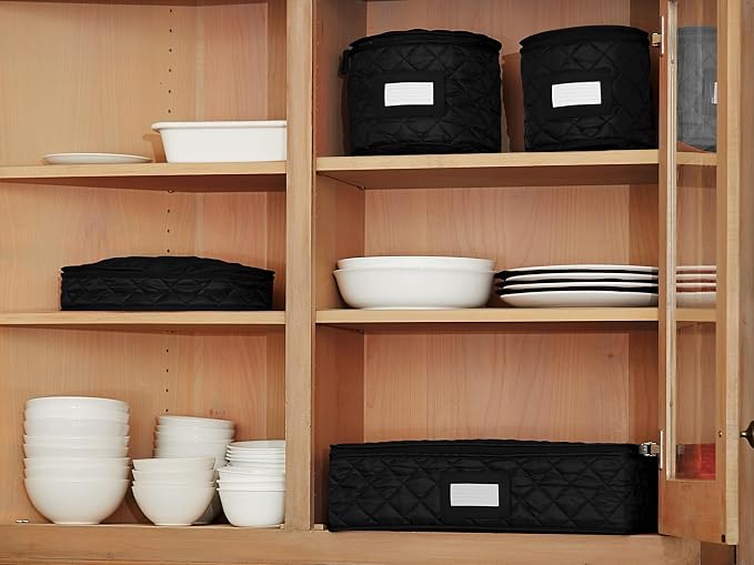 Covermates Keepsakes Dish Storage Set – Padded China & Dinnerware Storage Cases with Dividers, Cup & Stemware Storage, Quilted Polyester Protection, ID Window, Black - Image 8