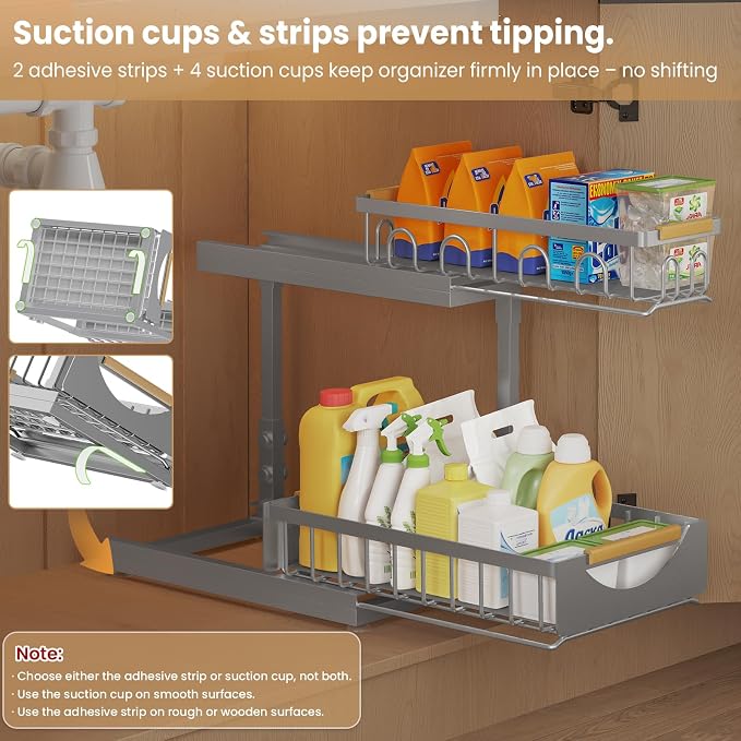 Under Sink Organizer and Storage 2 Tier Cabinet Pull Out Shelf Organizers | 2 Pack 2 Tier under sink storage for Bathroom and Kitchen Slide Out Drawer Organization for Home Cabinets Shelves and Drawers - Image 5