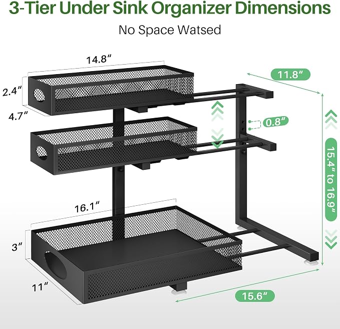 Kitstorack Under Sink Organizer 3-Tier Slide Out Drawer 2-Pack Black | Height Adjustable, Metal Mesh Storage Rack, Pull out Cabinet Organizer Shelf for Bathroom Kitchen Pantry Home Organization - Image 9