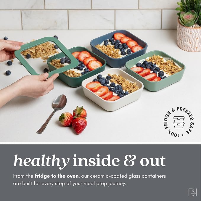 Glass Food Storage Container with Lid, 5-Cup Medium Square | Microwave-Safe Airtight Lid, Oven-Safe Ceramic-Coated Glass | Zero Plastic, No PFAS/PFOA/BPA, Reusable [Crema] - Image 4