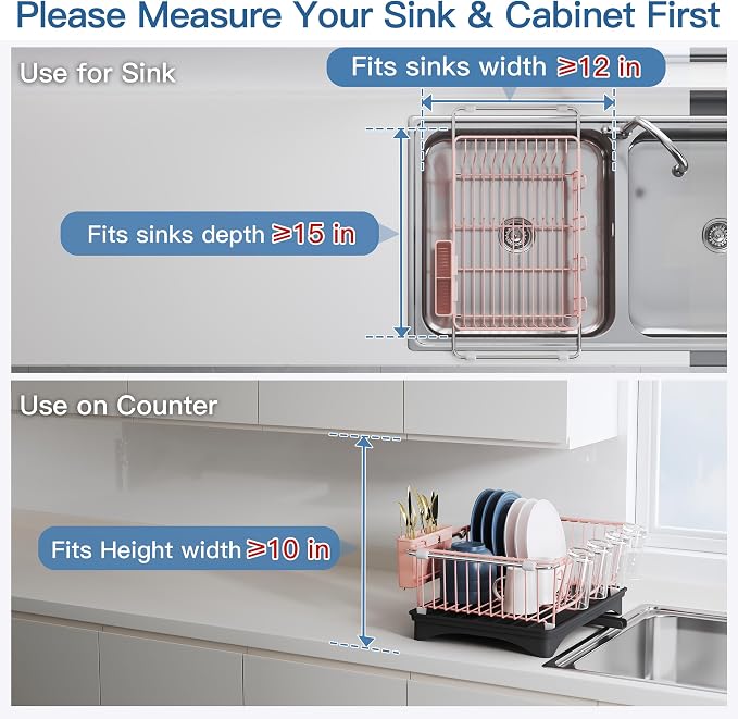 JASIWAY Pink Dish Drying Rack in Sink with Drainboard and Utensil Holder | Use Over the Sink or Counter, Stainless Steel Expandable Dish Drainer for Small Kitchen, Space Saving, Fast Drain, Rustproof - Image 3