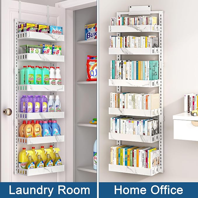 BUKFEN Over the Door Pantry Organizer, 6-Tier Adjustable Basket Spice Rack | 2-IN-1 Door & Wall Mounted, Heavy Duty Metal Storage Shelf, 12 Hooks, Behind Door Organizer for Kitchen, Bathroom, Closet - Image 6