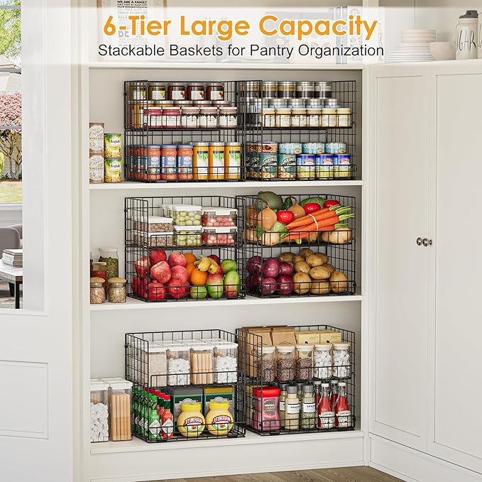 JKsmart 6-Tier XXL Stackable Wire Basket, Snack Organizer for Countertop | Pantry Organizers and Storage with Dividers & Handles, Can Organizer Space Saving Storage Bins for Snacks Fruits Veggies - Image 3