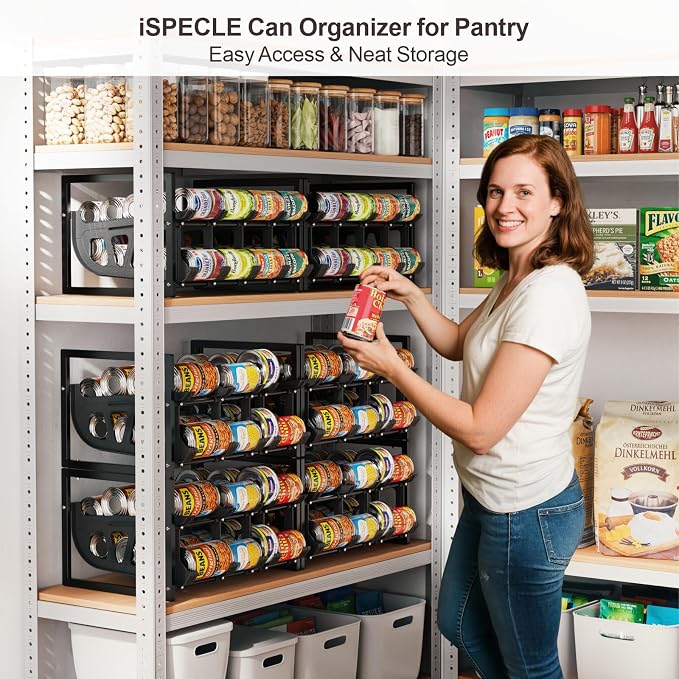 Can Storage Organizer Pantry - Auto-Rolling Expandable Hold 80 Cans | Stackable For Walk-in Deep Pantry Shelve, Adjustable Width for Food Cans, Sturdy Metal Frame, Easy Access & Restocking, Black - Image 2