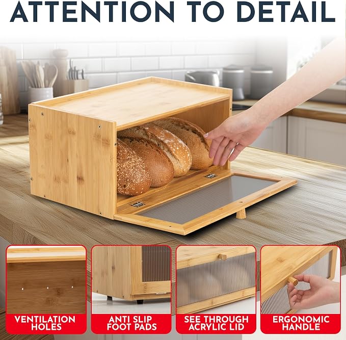 Large Bamboo Bread Box for Kitchen Countertop Acrylic Window, Extra Storage | Bread Box for Homemade Bread with Large Storage Capacity, Acrylic Window and Extra Top Storage - Image 4