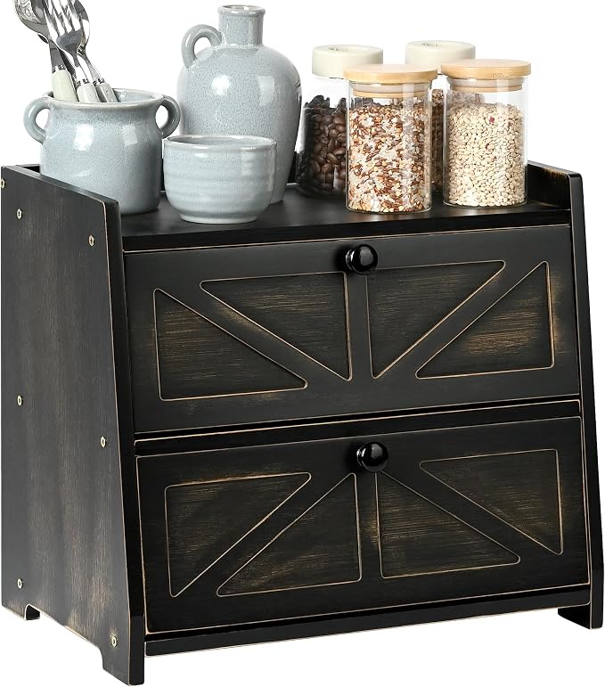 Bamboo Corner Bread Box for Kitchen Countertop 2-Tier Black | Farmhouse Bread Storage Container, Large Pantry Organizers for Homemade Snacks, Loaves, Breathable Keeps Bread Fresh by Ollieroo