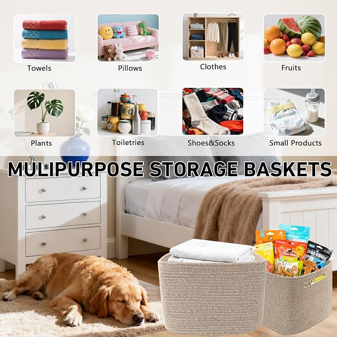3 Pack Woven Baskets,Storage Baskets for Shelves with Handles | 13.5"×11"×9.5", Closet Baskets, Nursery Organizer for Toys Towels Books, Storage Bin for Living Room Bedroom (Mixed Brown) - Image 5