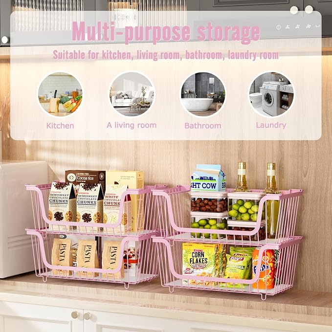 4 Pcs Stackable Wire Baskets for Pantry Organizers and Storage,pink, | Vegetable Fruit Basket for Countertop,Kitchen Storage Metal Baskets,Produce Potato Onion Storage Bin, - Image 4
