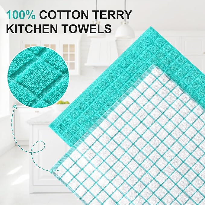 Homaxy Large Premium Cotton Kitchen Towels 16"x 28", 6 Pack, Aqua | Natural Ring Spun 390 GSM Dish Towels, Super Absorbent Terry Kitchen Hand Towels, Soft Tea Towels with Hanging Loop - Image 2
