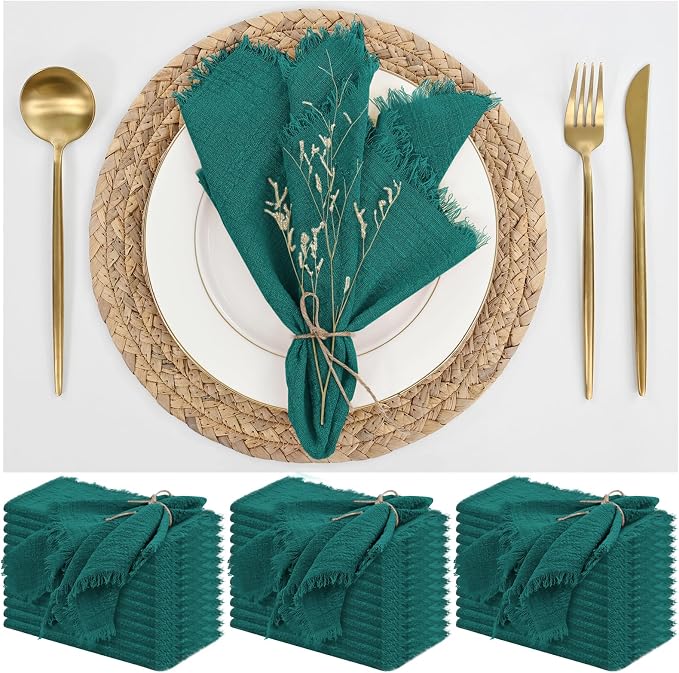 36 Pack Teal Cotton Linen Napkins 16 x 16 Inch Teal Napkins Cloth Handmade with Fringe Soft Cloth Napkin Washable Rustic Dinner Napkin for Wedding Party Dinner Table by ABKLESACH