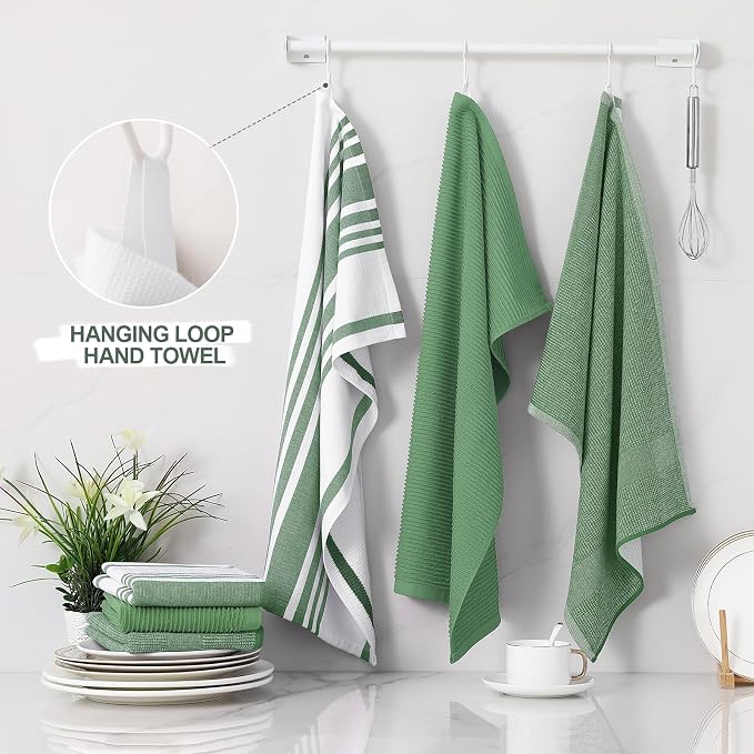 Homaxy Cotton 380 GSM Premium Kitchen Towels, 18"x28", 9 Pack, Grass Green | Soft and Absorbent Terry Dish Towels, Multipurpose Tea Towel Set with Hanging Loop, 3 Styles Kitchen Hand Towels - Image 3