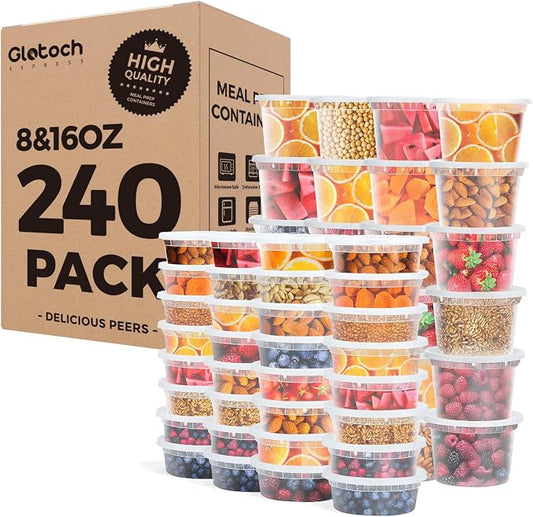 Glotoch Express 8oz & 16oz Combo Pack Food Containers with Lids, BPA-Free Plastic Deli Cups, Leakproof, Microwave/Freezer/Dishwasher Safe, 240 Pack by GlotochExpress