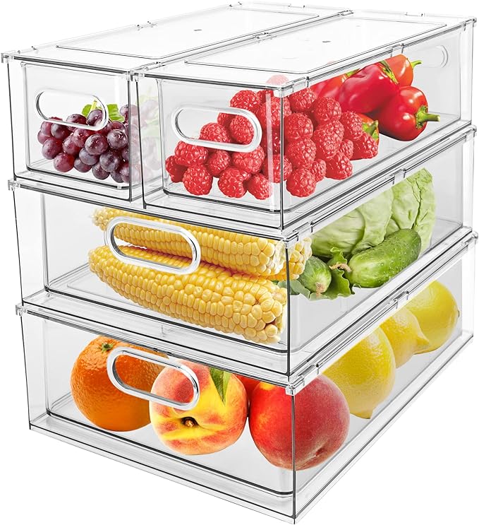 4 Pack Refrigerator Organizer Bins with Pull-out Drawer Stackable Clear Fridge Drawer Organizer Fruit Vegetable Storage Containers for Kitchen Pantry Organization (2 Large+2 Small) by GREENBY