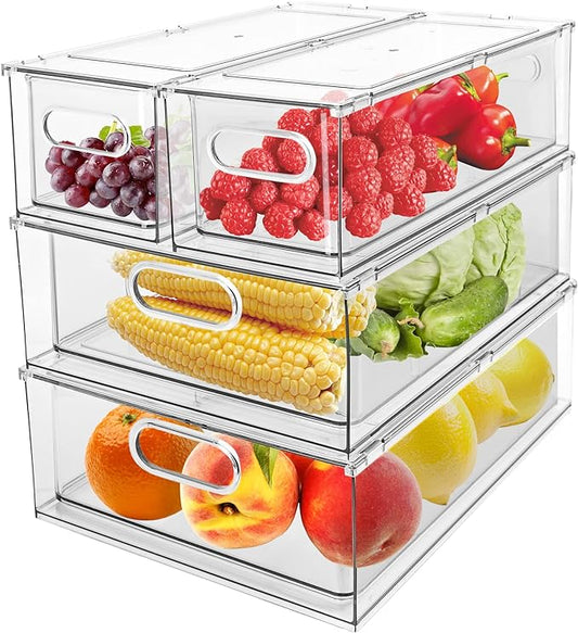 4 Pack Refrigerator Organizer Bins with Pull-out Drawer Stackable Clear Fridge Drawer Organizer Fruit Vegetable Storage Containers for Kitchen Pantry Organization (2 Large+2 Small) by GREENBY