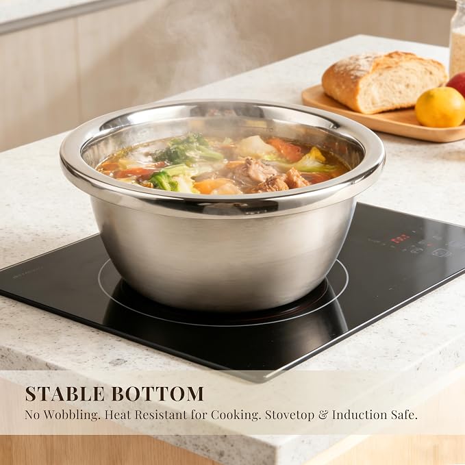 Metal Mixing Bowls Set of 4, Stainless Steel, Nesting | 1.3, 1.9, 3.5 and 7.4 qt sizes with wide rolled rims, flat bases and deep bowls for baking, dough and salad prep - Image 4