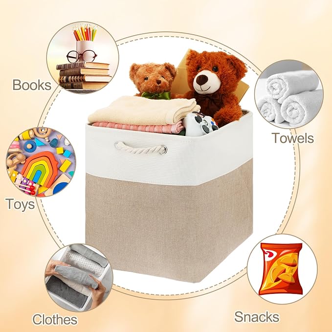meekoo 8 Pack Collapsible Storage Bins Fabric Storage Bins Polyester Fabric Baskets with Handles Linen Closet Organizer for Shelf Home Closet Towels Toys(17 x 12 x 15 in,Beige) - Image 6