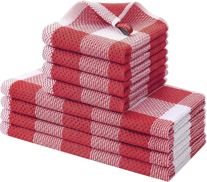 Homaxy Kitchen Towels and Dishcloths Set, Set of 8, White & Red | Bulk Cotton Waffle Weave Check Plaid Kitchen Towels, Super Soft and Absorbent Dish Cloths, 12 x 12 and 13 x 28 Inches by Homaxy