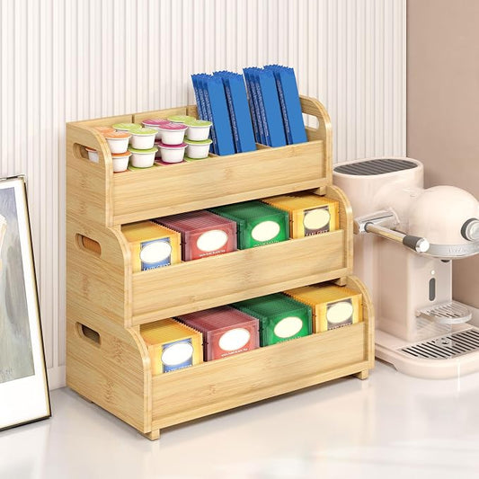 Wisuce 3-Tier Bamboo Tea Bag Organizer, Stackable Tea Holder for Countertop | Tea Box Shelf with Removable Dividers, Wall Mount Large Capacity Tea Organizers and Storage for Pantry Kitchen Office Bar by Wisuce