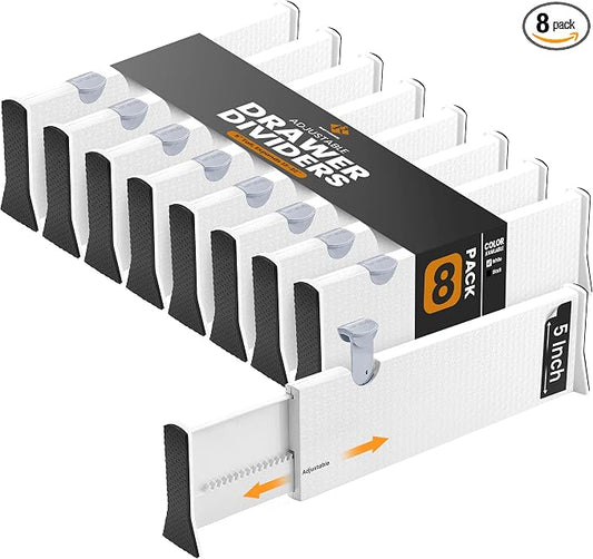 RAPTUROUS Deep Drawer Dividers 8 Pack, 5 Inch Tall, 13-22 Inch Long Expandable, Adjustable Drawer Organizer for Clothing, Dresser, Kitchen, Strong Hold, Soft Foam Edges, White by Rapturous