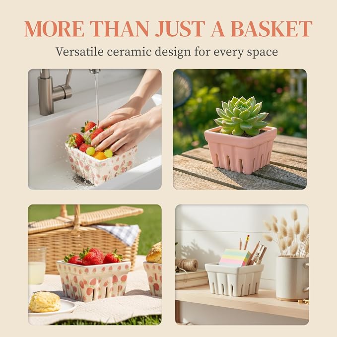 Ceramic Berry Basket, Farmhouse Colander, Strawberry Decor, Fruit Bowls, Fruit Baskets, Kawaii Strawberry Kitchen bowl, Pink White and Cute Strawberry pattern Stoneware Harvest Square Bowls Set of 4 | These cute Kawaii strawberry pattern stoneware bowl... - Image 5
