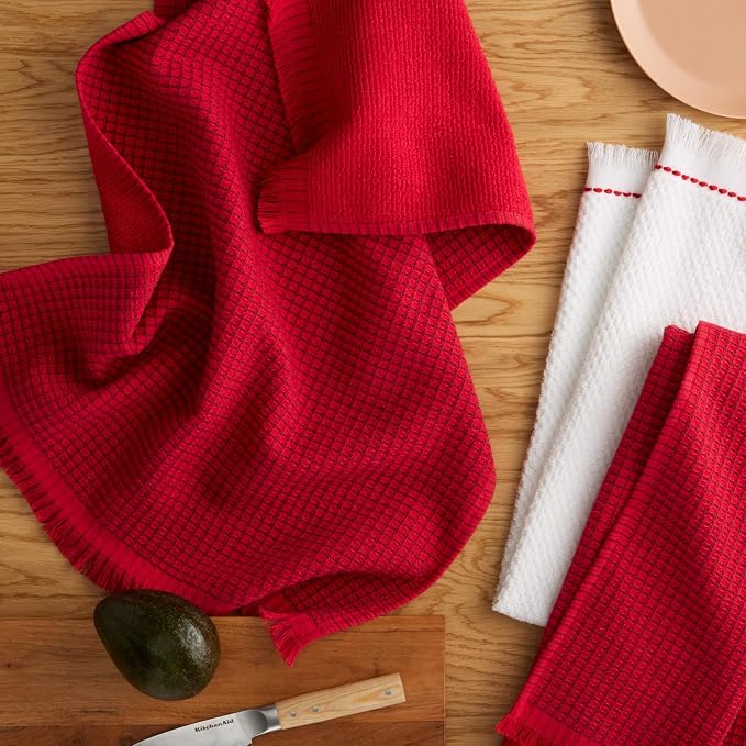 KitchenAid Gourmet Series Gridlines Kitchen Towels 3-Pack Set, 100% Cotton Absorbent, Passion Red, 18"x28" - Image 2