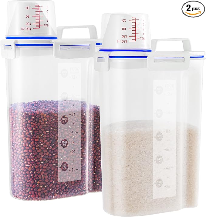2 Pcs 5.5Lbs Rice Dispenser Storage Containers, Rice Container with Measuring Cup & Pour Spout, Kitchen Plastic Airtight Container for Cereal, Grain, Flour, Sugar, Oatmeal, Dry Pet Dog Food by HNNJCK