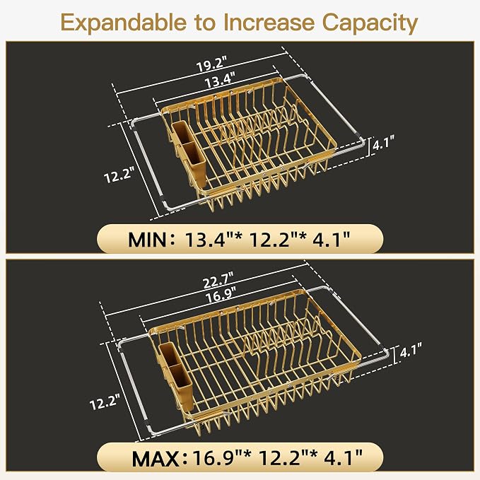 JASIWAY Gold Dish Drying Rack Over the Sink with Utensil Holder | Expandable Stainless Steel Dish Driainers for Small Kitchen, Counter Space Saving, Fast Drain, Rust Resistant, For Apartment - Image 4